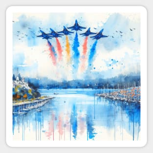 Artistic illustration of acrobatic jets flying over Sticker